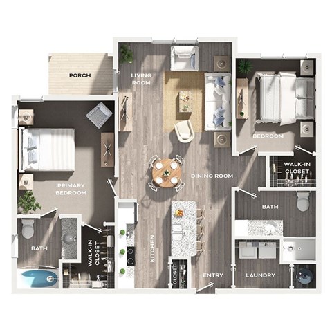 Floor plan for 2 beds, 2 baths, 1104 sqft